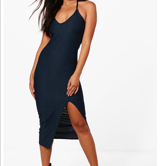 Navy textured halter dress Sz 10 - Picture 2 of 6